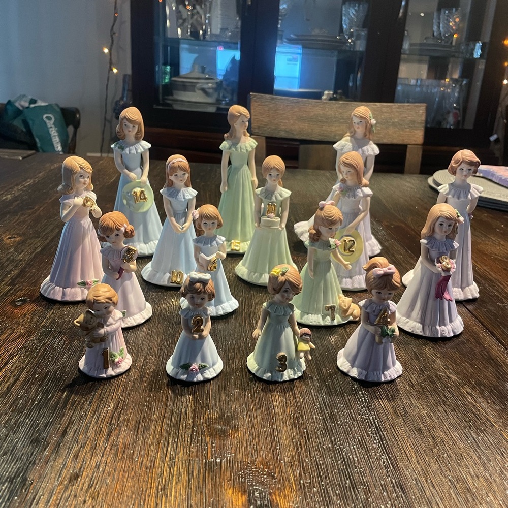 Enesco 1982 Brunette Growing Up Birthday Girls - ages 1-16. Perfect condition.
